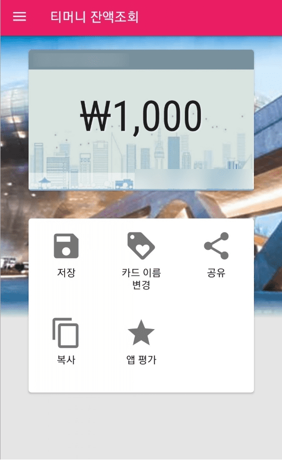 전용 앱에서 조회된 티머니 잔액 결과 화면