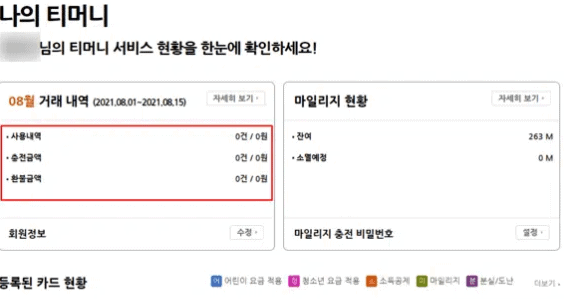 나의 티머니에서 조회한 이용내역과 잔액 목록